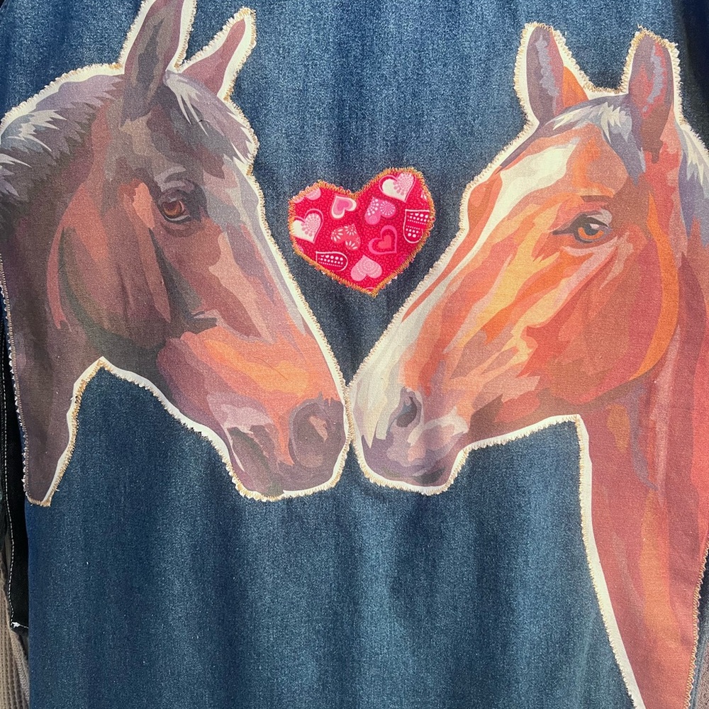 One-of-a-Kind Refashioned Denim Shirt Dress “LOVE” Horse Art – Size M